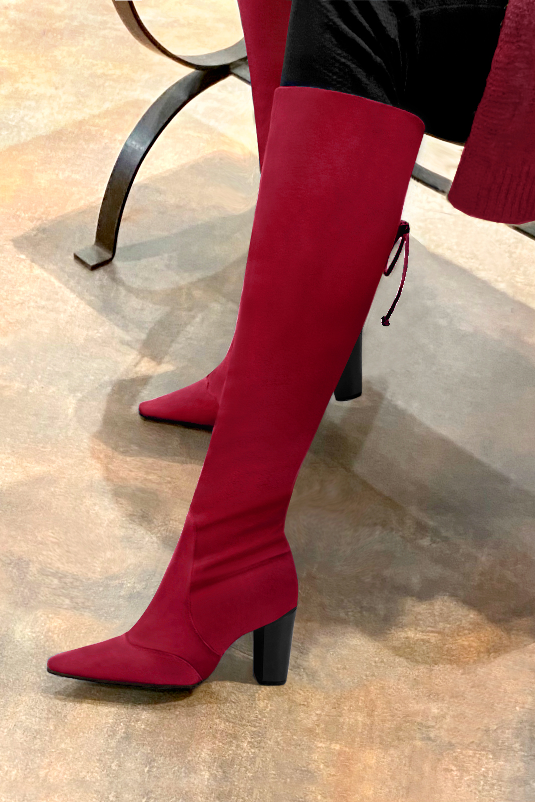 Cardinal red women's knee-high boots, with laces at the back. Pointed toe. High block heels. Made to measure. Worn view - Florence KOOIJMAN